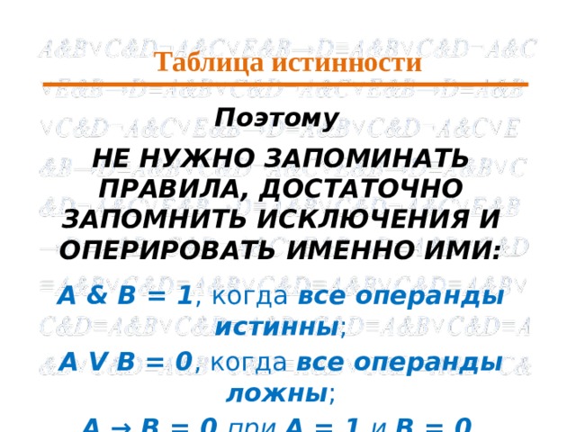 Таблица истинности Поэтому НЕ НУЖНО ЗАПОМИНАТЬ ПРАВИЛА, ДОСТАТОЧНО ЗАПОМНИТЬ ИСКЛЮЧЕНИЯ И ОПЕРИРОВАТЬ ИМЕННО ИМИ: А & В = 1 , когда все операнды истинны ; А V В = 0 , когда все операнды ложны ; А → В = 0 при А = 1 и В = 0 . 