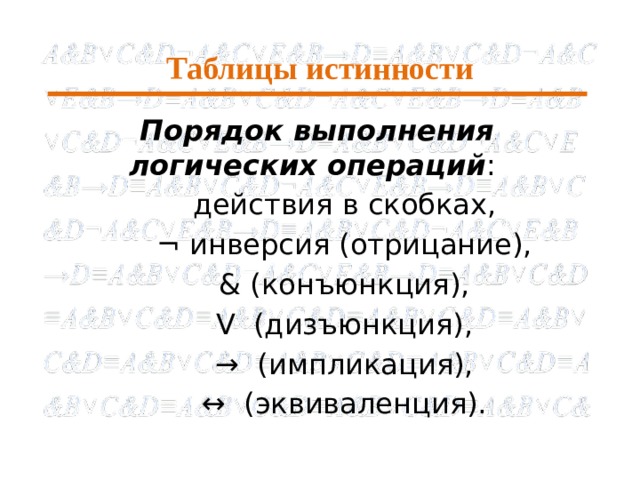 Таблицы истинности   Порядок выполнения логических операций : действия в скобках, ¬ инверсия (отрицание), & (конъюнкция), V  (дизъюнкция), → (импликация), ↔  (эквиваленция). 