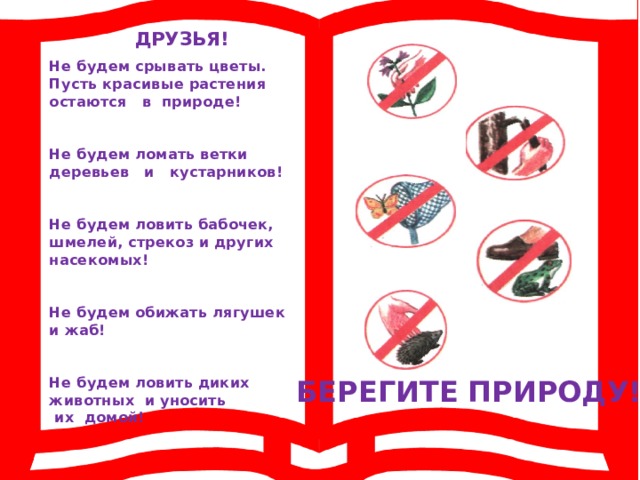  ДРУЗЬЯ! Не будем срывать цветы. Пусть красивые растения остаются в природе!   Не будем ломать ветки деревьев и кустарников!   Не будем ловить бабочек, шмелей, стрекоз и других насекомых!   Не будем обижать лягушек и жаб!   Не будем ловить диких животных и уносить  их домой! БЕРЕГИТЕ ПРИРОДУ! 