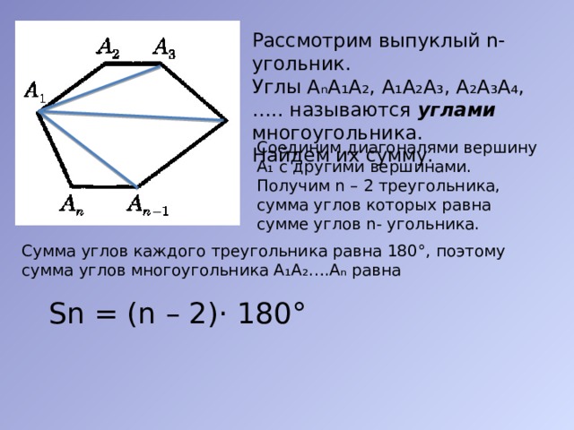Рассмотрим выпуклый n-угольник. Углы А ₙ А ₁ А ₂ , А ₁ А ₂ А ₃ , А ₂ А ₃ А ₄, ….. называются углами многоугольника. Найдем их сумму. Соединим диагоналями вершину А ₁ с другими вершинами. Получим n – 2 треугольника, сумма углов которых равна сумме углов n- угольника. Сумма углов каждого треугольника равна 180 °, поэтому сумма углов многоугольника А₁А₂….Аₙ равна Sn = (n – 2) · 180° 
