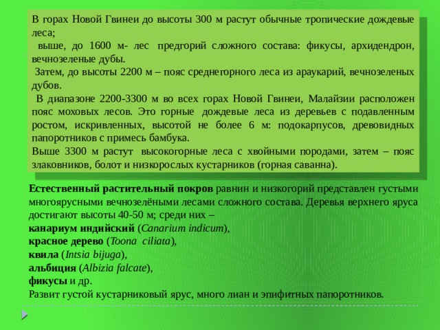 В горах Новой Гвинеи до высоты 300 м растут обычные тропические дождевые леса;  выше, до 1600 м- лес  предгорий сложного состава: фикусы, архидендрон, вечнозеленые дубы.  Затем, до высоты 2200 м – пояс среднегорного леса из араукарий, вечнозеленых дубов.  В диапазоне 2200-3300 м во всех горах Новой Гвинеи, Малайзии расположен пояс моховых лесов. Это горные  дождевые леса из деревьев с подавленным ростом, искривленных, высотой не более 6 м: подокарпусов, древовидных папоротников с примесь бамбука. Выше 3300 м растут  высокогорные леса с хвойными породами, затем – пояс злаковников, болот и низкорослых кустарников (горная саванна). Естественный растительный покров  равнин и низкогорий представлен густыми многоярусными вечнозелёными лесами сложного состава. Деревья верхнего яруса достигают высоты 40-50 м; среди них –  канариум индийский  ( Canarium   indicum ),  красное дерево  ( Toona ciliata ),  квила  ( Intsia   bijuga ),  альбиция  ( Albizia   falcate ),  фикусы  и др. Развит густой кустарниковый ярус, много лиан и эпифитных папоротников. 