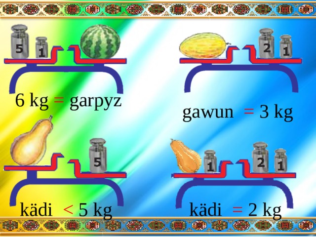6 kg = garpyz gawun = 3 kg kädi kädi = 2 kg 