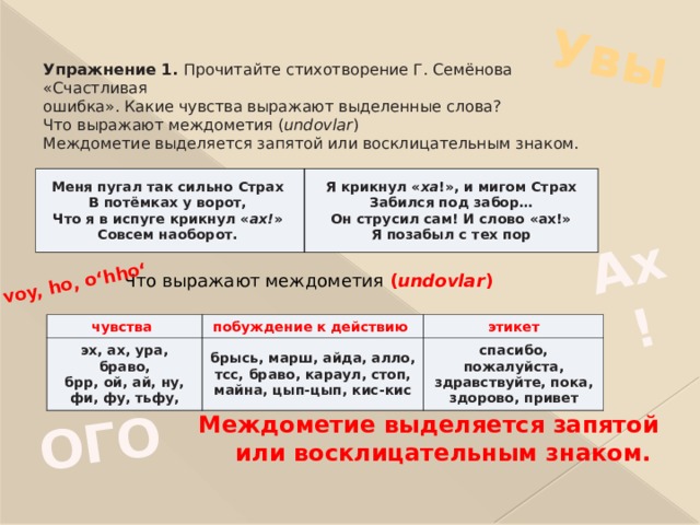 Увы ОГО Ах! voy, ho, oʻhhoʻ Упражнение 1. Прочитайте стихотворение Г. Семёнова «Счастливая  ошибка». Какие чувства выражают выделенные слова?  Что выражают междометия ( undovlar )  Междометие выделяется запятой или восклицательным знаком.    Меня пугал так сильно Страх  В потёмках у ворот,  Что я в испуге крикнул « ах! »  Совсем наоборот. Я крикнул « ха !», и мигом Страх  Забился под забор…  Он струсил сам! И слово «ах!»  Я позабыл с тех пор Что выражают междометия ( undovlar )    чувства эх, ах, ура, браво,  брр, ой, ай, ну,  фи, фу, тьфу, побуждение к действию этикет брысь, марш, айда, алло,  тсс, браво, караул, стоп,  майна, цып-цып, кис-кис спасибо, пожалуйста,  здравствуйте, пока,  здорово, привет Междометие выделяется запятой или восклицательным знаком.   