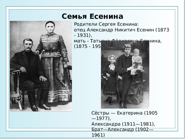 Семья Есенина Родители Сергея Есенина:  отец Александр Никитич Есенин (1873 - 1931),  мать - Татьяна Фёдоровна Есенина, (1875 - 1955). Сёстры — Екатерина (1905—1977), Александра (1911—1981), Брат—Александр (1902—1961)  