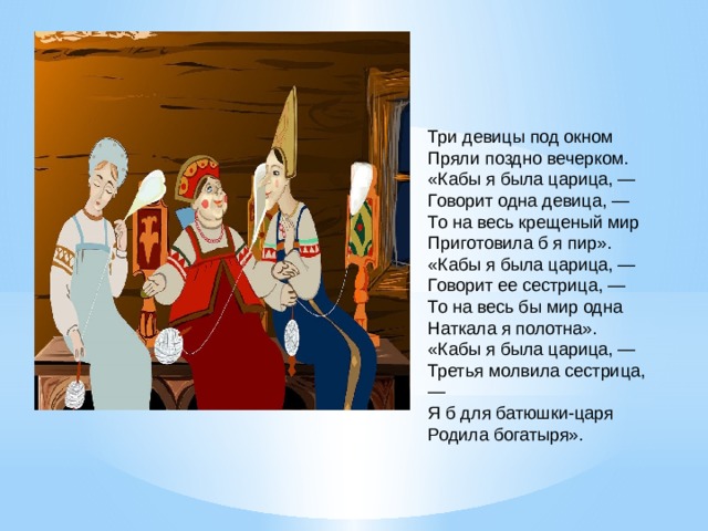 Пряли поздно вечерком. Александр Сергеевич Пушкин 3 девицы под окном пряли поздно вечерком. Три девицы под окном пряли поздно вечерком. <Кабы я была царица, -. Сказка о царе Салтане кабы я была царица. Сказка Пушкина три девицы под окном текст.