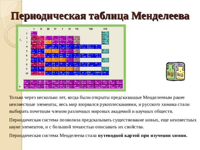 Периодическая таблица Менделеева Только через несколько лет, когда были открыты предсказанные Менделеевым ранее неизвестные элементы, весь мир взорвался рукоплесканиями, и русского химика стали выбирать почетным членом различных мировых академий и научных обществ. Периодическая система позволяла предсказывать существование новых, еще неизвестных науке элементов, и с большой точностью описывать их свойства. Периодическая система Менделеева стала путеводной картой при изучении химии. 