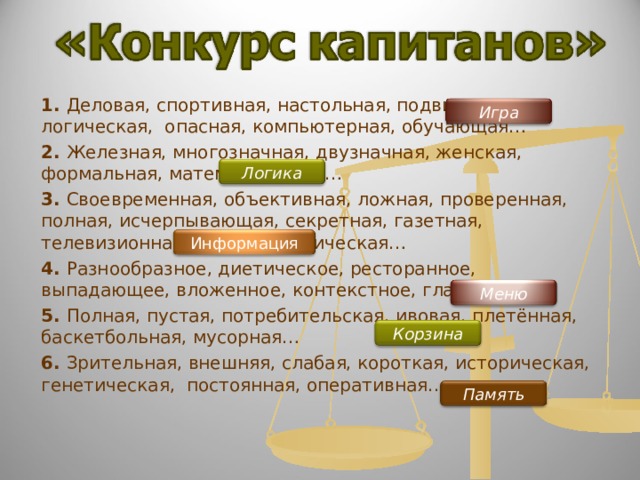 1. Деловая, спортивная, настольная, подвижная, логическая, опасная, компьютерная, обучающая… 2. Железная, многозначная, двузначная, женская, формальная, математическая… 3. Своевременная, объективная, ложная, проверенная, полная, исчерпывающая, секретная, газетная, телевизионная, научно–техническая… 4. Разнообразное, диетическое, ресторанное, выпадающее, вложенное, контекстное, главное… 5. Полная, пустая, потребительская, ивовая, плетённая, баскетбольная, мусорная… 6. Зрительная, внешняя, слабая, короткая, историческая, генетическая, постоянная, оперативная… Игра Логика Информация Меню Корзина Память 