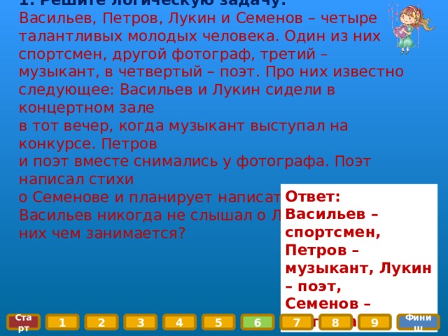 1. Решите логическую задачу: Васильев, Петров, Лукин и Семенов – четыре талантливых молодых человека. Один из них спортсмен, другой фотограф, третий – музыкант, в четвертый – поэт. Про них известно следующее: Васильев и Лукин сидели в концертном зале  в тот вечер, когда музыкант выступал на конкурсе. Петров  и поэт вместе снимались у фотографа. Поэт написал стихи о Семенове и планирует написать о Васильеве. Васильев никогда не слышал о Лукине. Кто из них чем занимается ? Ответ: Васильев – спортсмен, Петров – музыкант, Лукин – поэт, Семенов – фотограф Старт 1 2 3 4 5 6 7 8 Финиш 9 