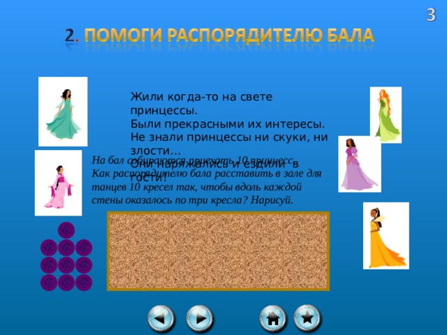 Жили когда-то на свете принцессы. Были прекрасными их интересы. Не знали принцессы ни скуки, ни злости… Они наряжались и ездили в гости! На бал собираются приехать 10 принцесс.  Как распорядителю бала расставить в зале для танцев 10 кресел так, чтобы вдоль каждой стены оказалось по три кресла? Нарисуй. 