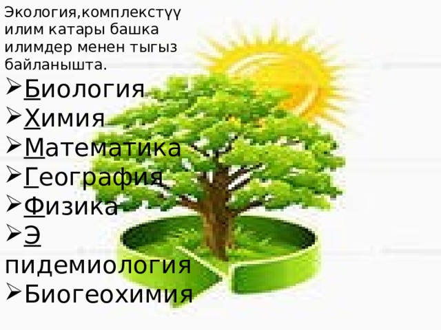 Экология,комплекстүү илим катары башка илимдер менен тыгыз байланышта. Б иология Х имия М атематика Г еография Ф изика Э пидемиология Биогеохимия 