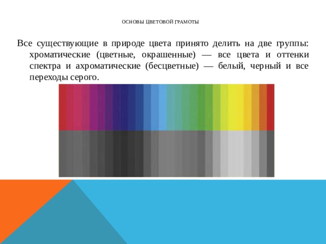   Основы цветовой грамоты   Все существующие в природе цвета принято делить на две группы: хроматические (цветные, окрашенные) — все цвета и оттенки спектра и ахроматические (бесцветные) — белый, черный и все переходы серого. 