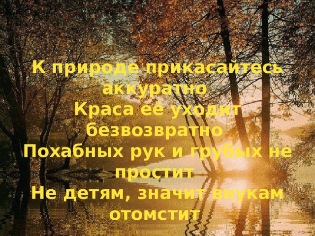 К природе прикасайтесь аккуратно  Краса её уходит безвозвратно  Похабных рук и грубых не простит  Не детям, значит внукам отомстит   