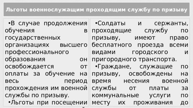 Льготы военнослужащим по контракту. Льготы военнослужащим по призыву. Права и льготы военнослужащих проходящих военную службу по призыву. Льготы службы по призыву. Льготы предоставляемые военнослужащим проходящим службу по призыву.