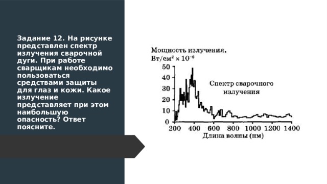 Задание 12. На рисунке представлен спектр излучения сварочной дуги. При работе сварщикам необходимо пользоваться средствами защиты для глаз и кожи. Какое излучение представляет при этом наибольшую опасность? Ответ поясните. 