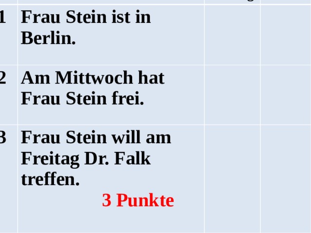 1 Richtig Frau Stein ist in Berlin. 2 Falsch Am Mittwoch hat Frau Stein frei. 3 Frau Stein will am Freitag Dr. Falk treffen.  3 Punkte  