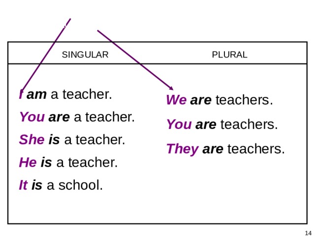 1-1 SINGULAR PRONOUNS + BE 1-2 PLURAL PRONOUNS + BE SINGULAR PLURAL I am  a teacher. You are  a teacher. She is  a teacher. He is  a  teacher. It is  a school. We are  teachers. You are  teachers. They are  teachers.   