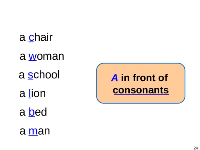 1-3 SINGULAR NOUNS + BE a c hair a w oman A  in front of consonants a s chool a l ion a b ed a m an   