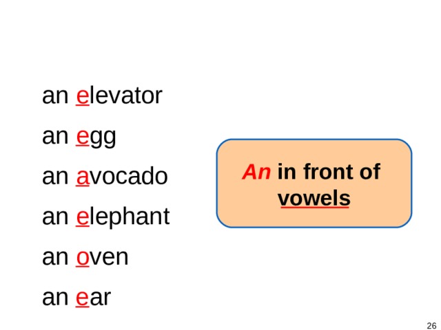1-3 SINGULAR NOUNS + BE an e levator an e gg An  in front of vowels an a vocado an e lephant an o ven an e ar   