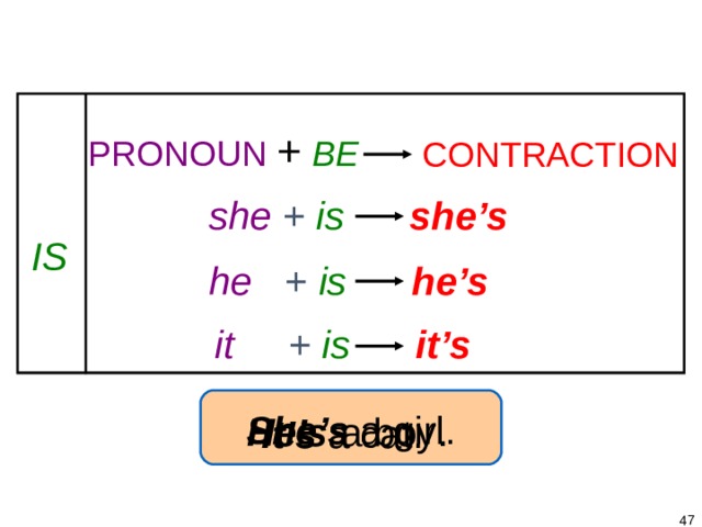 1-5 CONTRACTIONS WITH BE PRONOUN  +  BE    CONTRACTION she + is  she’s IS he + is  he’s it + is  it’s He’s  a  boy . She’s  a girl. It’s  a  cat.   