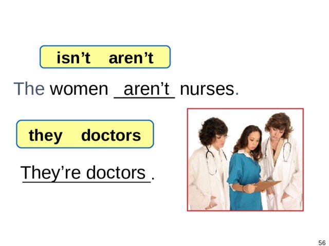 1-6 Let’s Practice isn’t aren’t The women ______ nurses . aren’t they doctors They’re doctors ______________.   