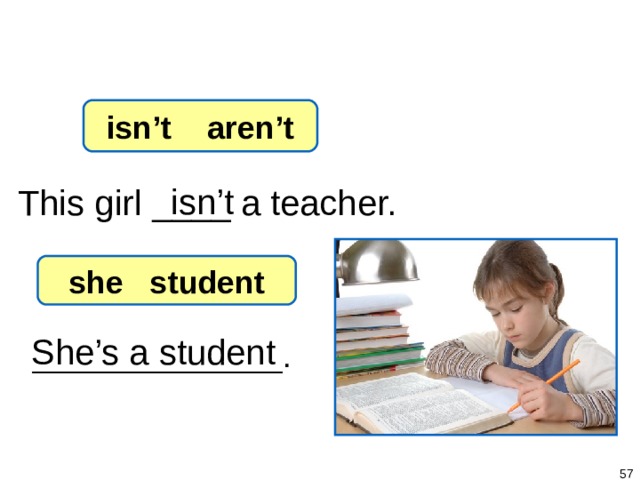 1-6 Let’s Practice isn’t aren’t This girl ____ a teacher. isn’t she student She’s a student ______________.   