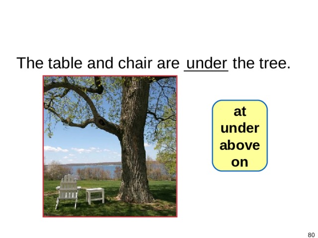 1-8 Let’s Practice The table and chair are _____ the tree.  under at under above on   
