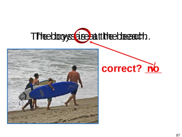1-9 Let’s Practice The boys are at the beach. The boys is at the beach.  no correct? ___   