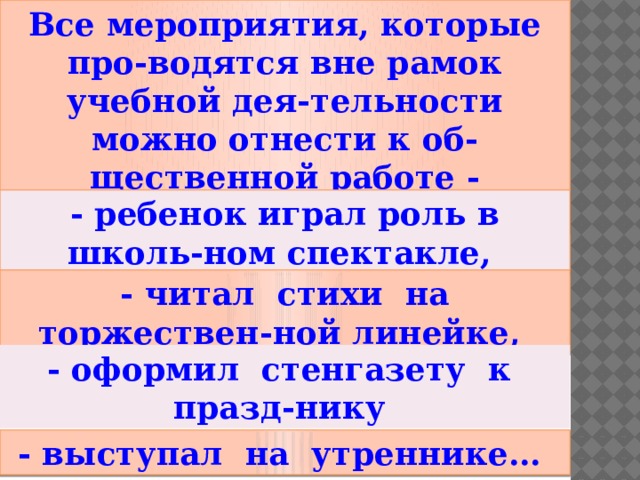 Все мероприятия, которые про-водятся вне рамок учебной дея-тельности можно отнести к об-щественной работе - (поручениям). - ребенок играл роль в школь-ном спектакле, - читал стихи на торжествен-ной линейке, - оформил стенгазету к празд-нику - выступал на утреннике… 