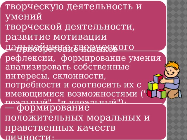 —  формирование установки на творческую деятельность и умений  творческой деятельности, развитие мотивации дальнейшего творческого роста; —  приобретение навыков рефлексии, формирование умения анализировать собственные интересы, склонности, потребности и соотносить их с имеющимися возможностями (
