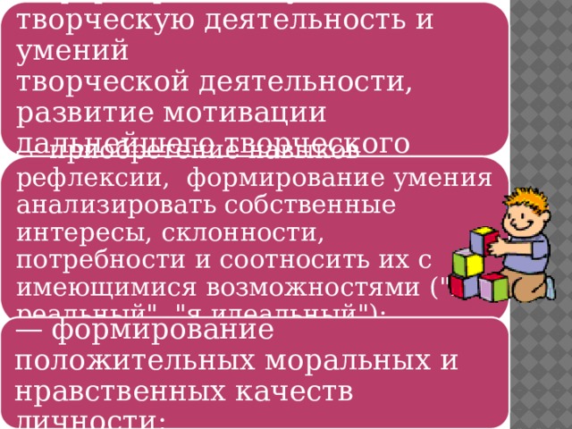 —  формирование установки на творческую деятельность и умений  творческой деятельности, развитие мотивации дальнейшего творческого роста; —  приобретение навыков рефлексии, формирование умения анализировать собственные интересы, склонности, потребности и соотносить их с имеющимися возможностями (