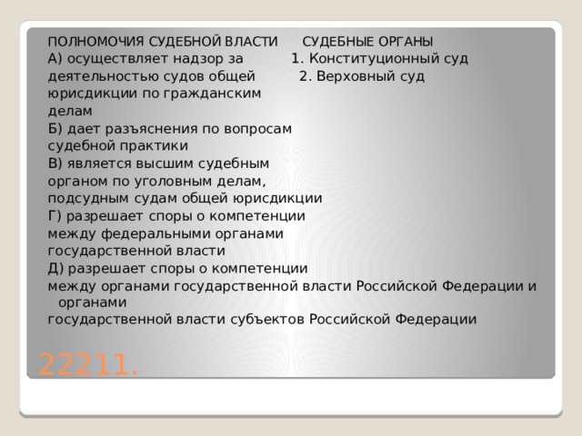 ПОЛНОМОЧИЯ СУДЕБНОЙ ВЛАСТИ СУДЕБНЫЕ ОРГАНЫ А) осуществляет надзор за 1. Конституционный суд деятельностью судов общей 2. Верховный суд юрисдикции по гражданским делам Б) дает разъяснения по вопросам судебной практики В) является высшим судебным органом по уголовным делам, подсудным судам общей юрисдикции Г) разрешает споры о компетенции между федеральными органами государственной власти Д) разрешает споры о компетенции между органами государственной власти Российской Федерации и органами государственной власти субъектов Российской Федерации 22211. 