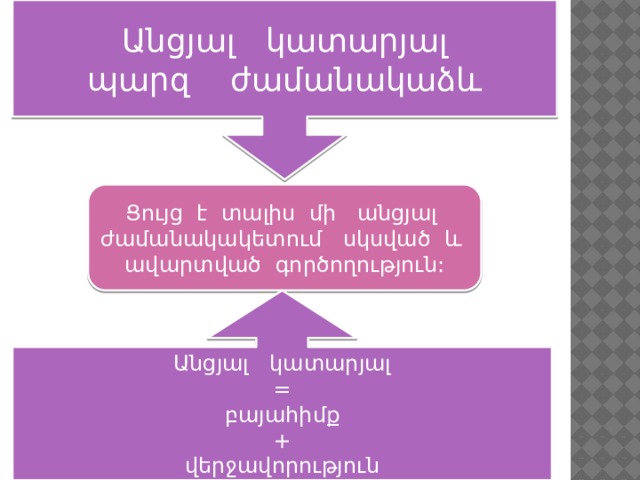 Անցյալ կատարյալ պարզ ժամանակաձև Ցույց է տալիս մի անցյալ ժամանակակետում սկսված և ավարտված գործողություն: Անցյալ կատարյալ = բայահիմք + վերջավորություն 