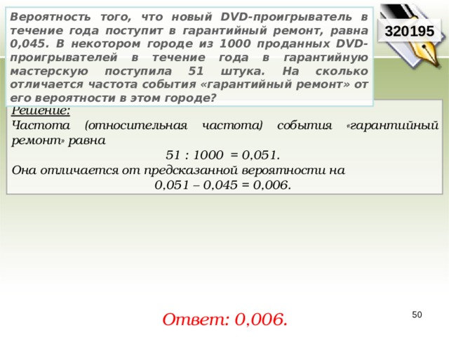 Вероятность того, что новый DVD-проигрыватель в течение года поступит в гарантийный ремонт, равна 0,045. В некотором городе из 1000 проданных DVD-проигрывателей в течение года в гарантийную мастерскую поступила 51 штука. На сколько отличается частота события «гарантийный ремонт» от его вероятности в этом городе? 3201 95 Решение:  Частота (относительная частота) события «гарантийный ремонт» равна 51 : 1000  = 0,051. Она отличается от предсказанной вероятности на 0,051 – 0,045 = 0,006. Ответ: 0,006 . 50 