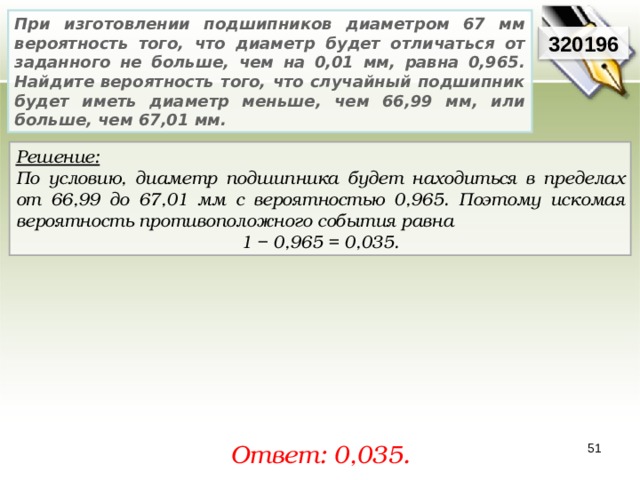 При изготовлении подшипников диаметром 67 мм вероятность того, что диаметр будет отличаться от заданного не больше, чем на 0,01 мм, равна 0,965. Найдите вероятность того, что случайный подшипник будет иметь диаметр меньше, чем 66,99 мм, или больше, чем 67,01 мм. 3201 96 Решение:  По условию, диаметр подшипника будет находиться в пределах от 66,99 до 67,01 мм с вероятностью 0,965. Поэтому искомая вероятность противоположного события равна 1 − 0,965 = 0,035. Ответ: 0,0 35. 51 