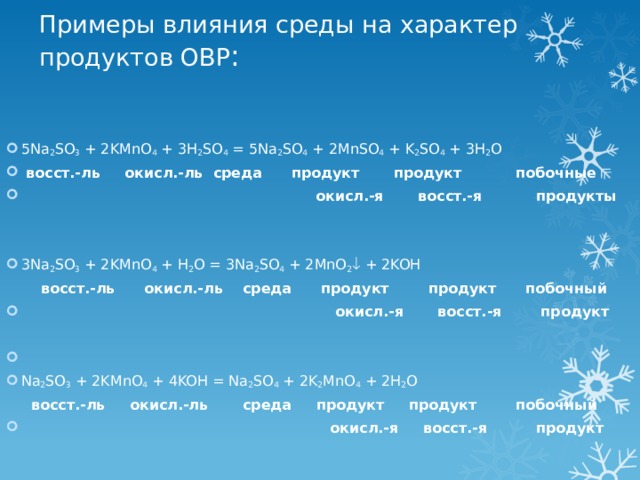 Примеры влияния среды на характер продуктов ОВР : 5Na 2 SO 3 + 2KMnO 4 + 3H 2 SO 4 = 5Na 2 SO 4 + 2MnSO 4 + K 2 SO 4 + 3H 2 O  восст.-ль окисл.-ль среда продукт продукт побочные  окисл.-я восст.-я продукты   3Na 2 SO 3 + 2KMnO 4 + H 2 O = 3Na 2 SO 4 + 2MnO 2  + 2KOH  восст.-ль окисл.-ль среда продукт продукт побочный  окисл.-я восст.-я продукт    Na 2 SO 3 + 2KMnO 4 + 4KOH = Na 2 SO 4 + 2K 2 MnO 4 + 2H 2 O  восст.-ль окисл.-ль среда продукт продукт побочный  окисл.-я восст.-я продукт 
