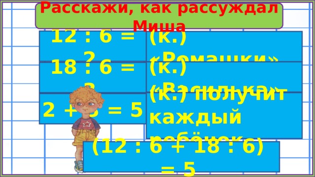 Расскажи, как рассуждал Миша 12 : 6 = 2 (к.) «Ромашки» (к.) «Василька» 18 : 6 = 3 (к.) получит каждый ребёнок 2 + 3 = 5 (12 : 6 + 18 : 6) = 5 