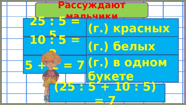 Рассуждают мальчики 25 : 5 = 5 (г.) красных (г.) белых 10 : 5 = 2 (г.) в одном букете 5 + 2 = 7 (25 : 5 + 10 : 5) = 7 