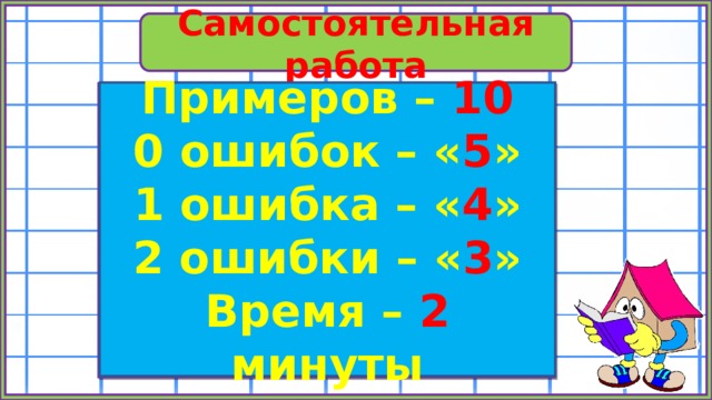Самостоятельная работа Примеров – 10 0 ошибок – « 5 » 1 ошибка – « 4 » 2 ошибки – « 3 » Время – 2 минуты 