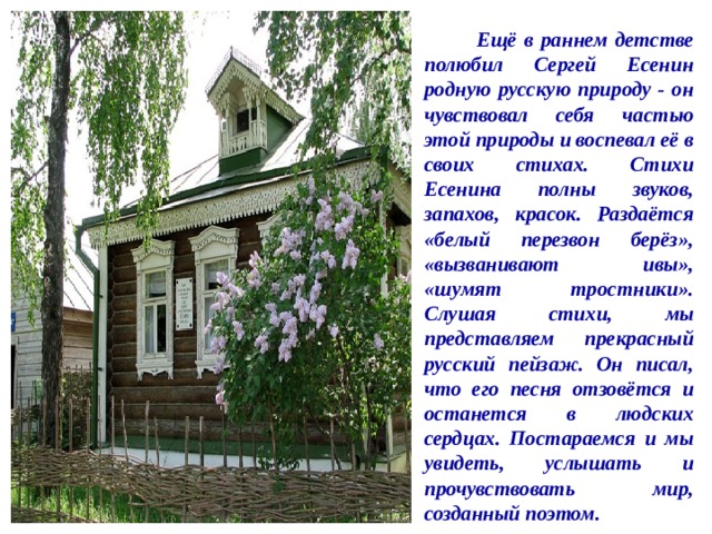  Ещё в раннем детстве полюбил Сергей Есенин родную русскую природу - он чувствовал себя частью этой природы и воспевал её в своих стихах. Стихи Есенина полны звуков, запахов, красок. Раздаётся «белый перезвон берёз», «вызванивают ивы», «шумят тростники». Слушая стихи, мы представляем прекрасный русский пейзаж. Он писал, что его песня отзовётся и останется в людских сердцах. Постараемся и мы увидеть, услышать и прочувствовать мир, созданный поэтом.  