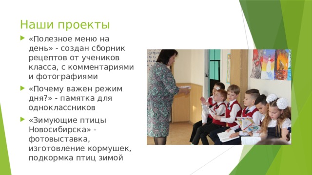 Наши проекты «Полезное меню на день» - создан сборник рецептов от учеников класса, с комментариями и фотографиями «Почему важен режим дня?» - памятка для одноклассников «Зимующие птицы Новосибирска» - фотовыставка, изготовление кормушек, подкормка птиц зимой 