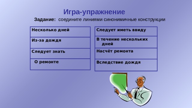 Игра-упражнение  Задание: соедините линиями синонимичные конструкции Несколько дней Следует иметь ввиду Из-за дождя В течение нескольких дней Следует знать Насчёт ремонта  О ремонте Вследствие дождя 