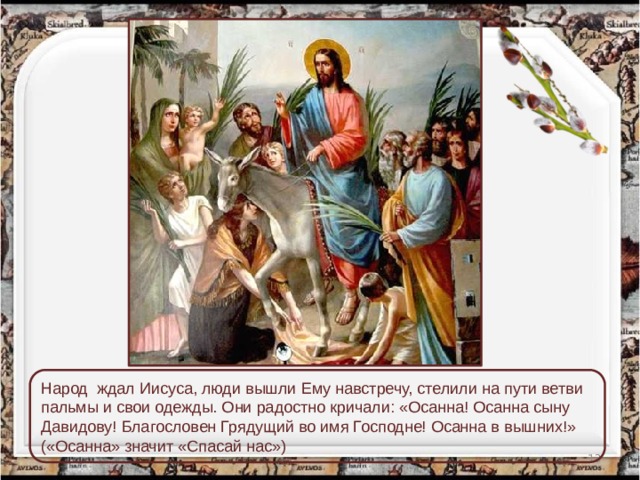 Народ  ждал Иисуса, люди вышли Ему навстречу, стелили на пути ветви пальмы и свои одежды. Они радостно кричали: «Осанна! Осанна сыну Давидову!  Благословен Грядущий во имя Господне! Осанна в вышних!»  («Осанна» значит «Спасай нас»)  