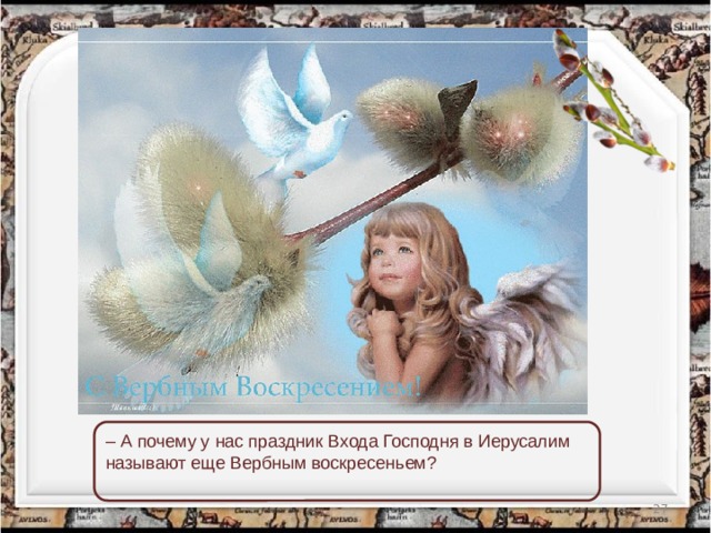 – А почему у нас праздник Входа Господня в Иерусалим называют еще Вербным воскресеньем?    