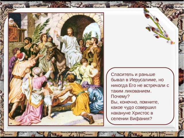 Спаситель и раньше бывал в Иерусалиме, но никогда Его не встречали с таким ликованием. Почему? Вы, конечно, помните, какое чудо совершил накануне Христос в селении Вифания?  