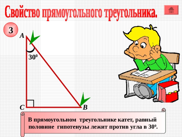 3 А 30 0 В С В прямоугольном треугольнике катет, равный половине гипотенузы лежит против угла в 30 0 . 