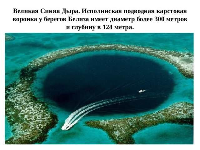 Великая Синяя Дыра. Исполинская подводная карстовая воронка у берегов Белиза имеет ‎диаметр более 300 метров и глубину в 124 метра.‎ 