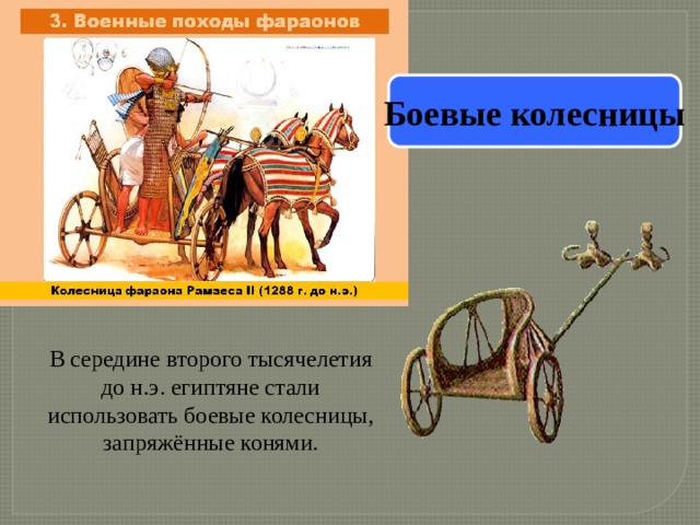 Боевые колесницы В середине второго тысячелетия до н.э. египтяне стали использовать боевые колесницы, запряжённые конями. 