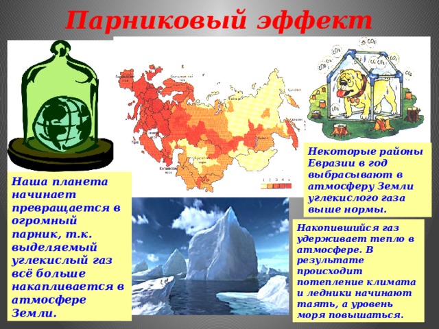 Парниковый эффект Некоторые районы Евразии в год выбрасывают в атмосферу Земли углекислого газа выше нормы. Наша планета начинает превращается в огромный парник, т.к. выделяемый углекислый газ всё больше накапливается в атмосфере Земли. Накопившийся газ удерживает тепло в атмосфере. В результате происходит потепление климата и ледники начинают таять, а уровень моря повышаться. 