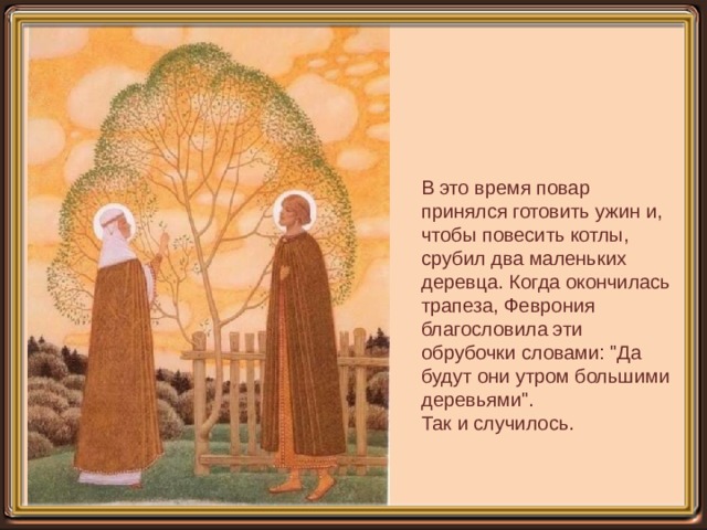 В это время повар принялся готовить ужин и, чтобы повесить котлы, срубил два маленьких деревца. Когда окончилась трапеза, Феврония благословила эти обрубочки словами: 