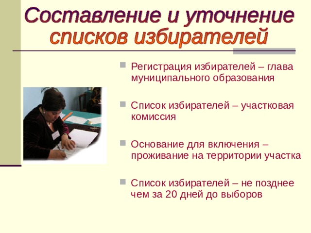 Регистрация избирателей – глава муниципального образования  Список избирателей – участковая комиссия Основание для включения – проживание на территории участка Список избирателей – не позднее чем за 20 дней до выборов 
